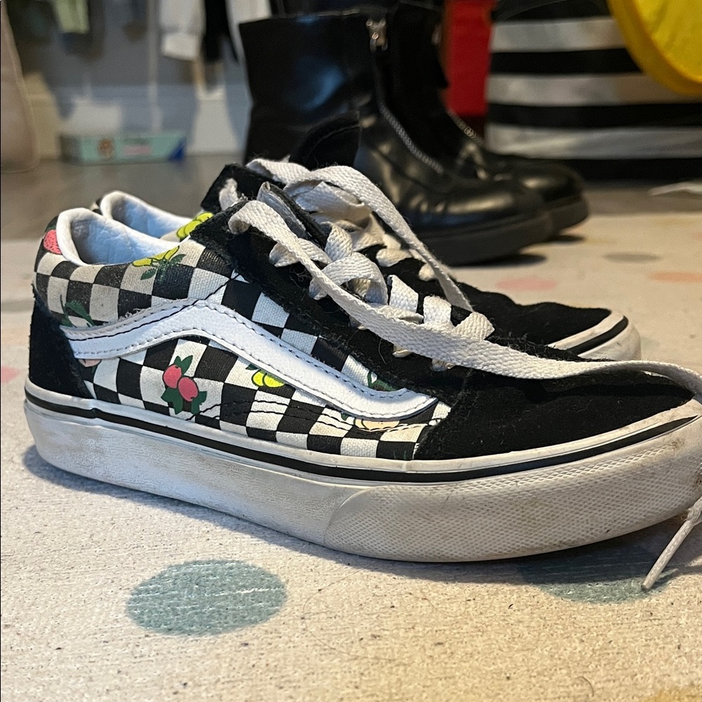 Vans Checkered Black and White w cute fruit design